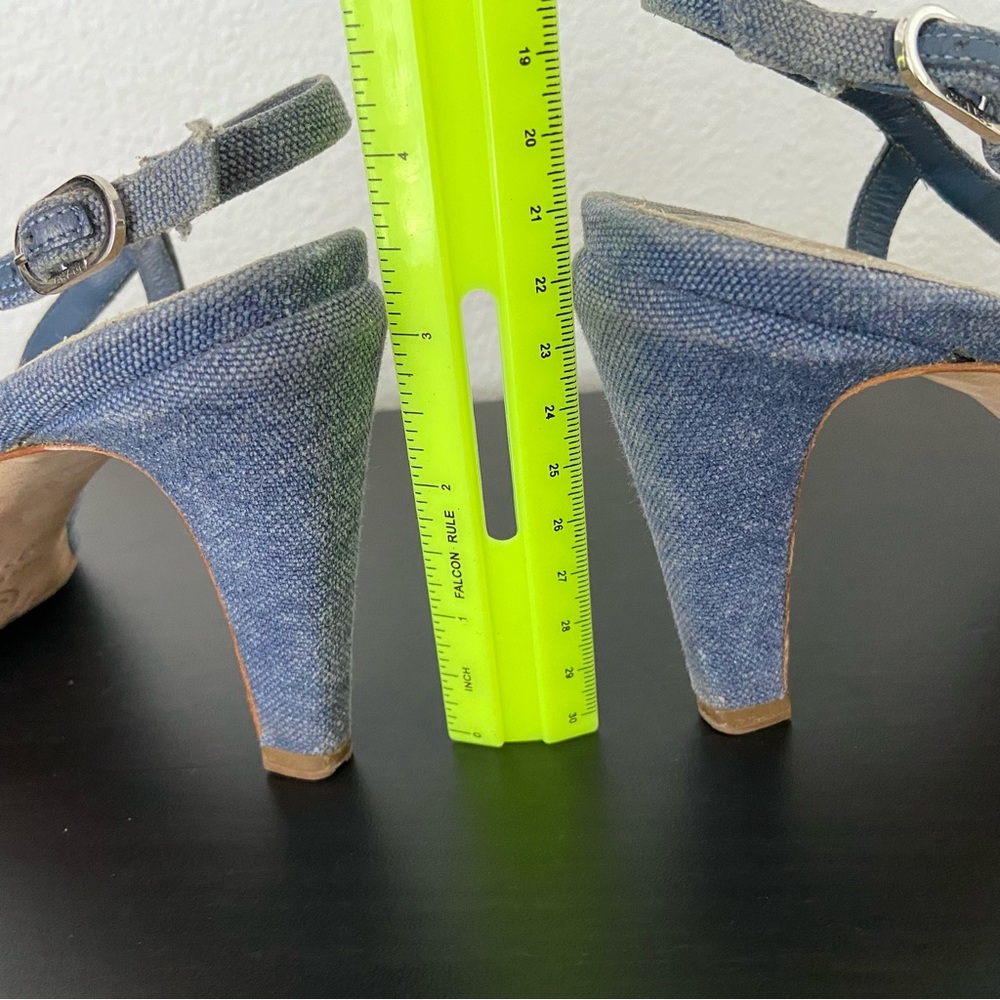 CHANEL Denim Camellia CC Logo Sandals Heels Open Toe Slingback 37.5 - Picture 16 of 16
